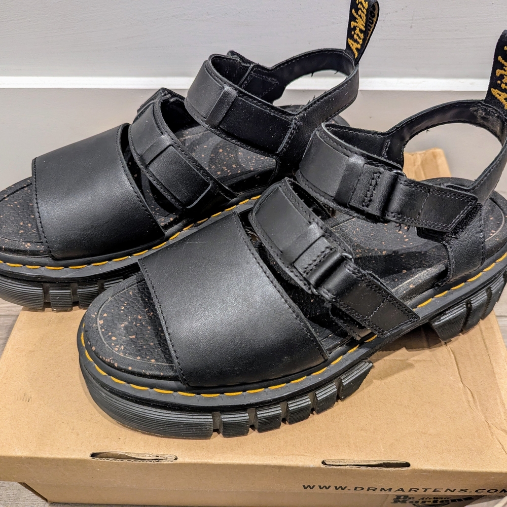 Dr. Martens Black Leather Platform Sandals with Yellow Stitching